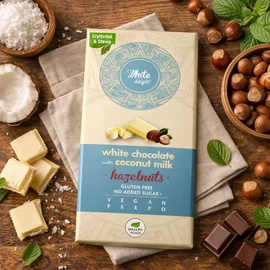 Health Market White Delight fehér csokoládé egész mogyoróval 80 g, krémes állag, látható mogyorószemek