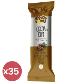 Health Market Good4You kakaós-rumos szelet kínáló 35x25 g, kókusztejcsokoládéval bevont, gluténmentes, hozzáadott cukor nélküli szeletek dobozban.