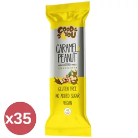 Health Market Good4You karamell ízű földimogyorós szelet kínáló 35x25 g, gluténmentes, paleo és vegán szeletek dobozban.