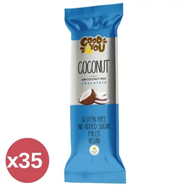 Health Market Good4You kókuszos szelet kínáló 35x25 g, gluténmentes, paleo és vegán szeletek egyenként csomagolva dobozban.