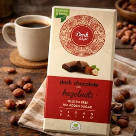 Health Market Dark Delight étcsokoládé egész mogyoróval, kemény állagú étcsokoládé tábla, látható egész mogyorószemekkel