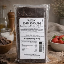 Paleolit étcsokoládé eritrittel 500 g csomag, legalább 70 százalék kakaótartalmú cukormentes étcsokoládé sütéshez és desszertekhez