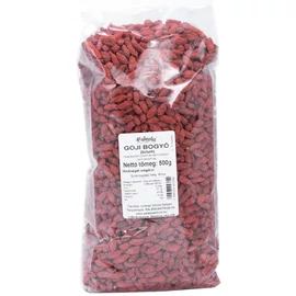 Paleolit Goji bogyó aszalt lícium 500 g csomagolás, vörös szárított bogyókkal közelről