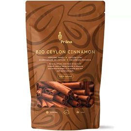 Prana bio Ceylon fahéj por 125 g kiszerelésben, finom őrlemény sütéshez, zabkásákhoz és forró italokhoz, mindennapi konyhai felhasználásra, könnyen adagolható formában.