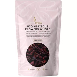 Prana bio hibiszkuszvirág tea 100 g kiszerelésben, szárított hibiszkusz szirom élénk piros színnel, forrázáshoz előkészítve.