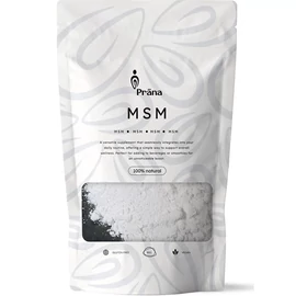 Prana MSM por 250 g kiszerelésben, finom szemcséjű, semleges ízű por vízhez vagy turmixhoz keverve, egyszerű napi felhasználásra alkalmas formában.