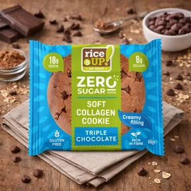 Rice Up Zero Cookies tripla csokoládé ízű kollagénes protein keksz 60 g, gluténmentes zab alapú fehérjedús snack csokoládés krémmel