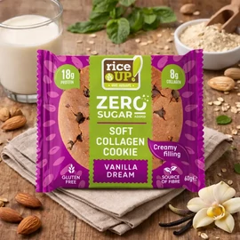 Rice Up Zero Cookies vanília ízű kollagénes protein keksz 60 g, gluténmentes zab alapú fehérjedús snack vaníliás krémmel