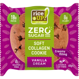 Rice Up Zero Cookies vanília ízű kollagénes protein keksz 60 g, gluténmentes zab alapú fehérjedús snack vaníliás krémmel