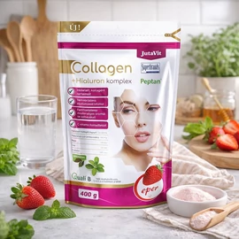 JutaVit Collagen+Hialuron Komplex Eper DUO 2x400 g, hidrolizált kollagén port és hialuronsavat tartalmazó étrend-kiegészítő.