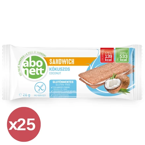Abonett gluténmentes kókuszos szendvics 25x26 g – ropogós, Rostban gazdag snack