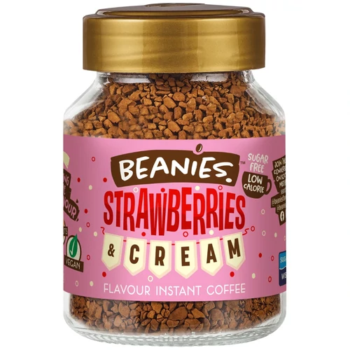 Beanies Strawberries & Cream ízű instant kávé 50 g – eper és tejszín ízű, vegán, cukormentes kávé