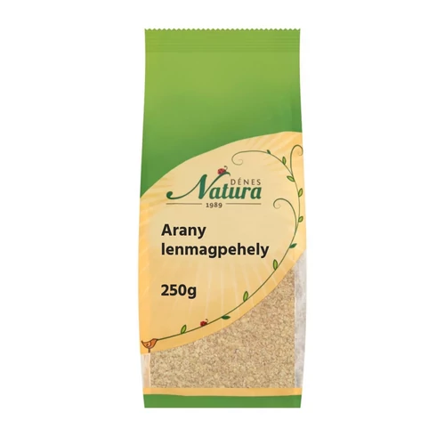 Dénes Natura Arany lenmagpehely 250 g csomagolás, vegán, rost‑ és fehérjeforrás, adalék- és hozzáadott cukortól mentes jelölésekkel.