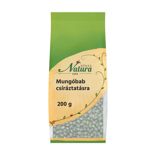 Dénes Natura Mungóbab csíráztatásra 200 g csomagolás, zöld csíra és részletes csíráztatási útmutató.