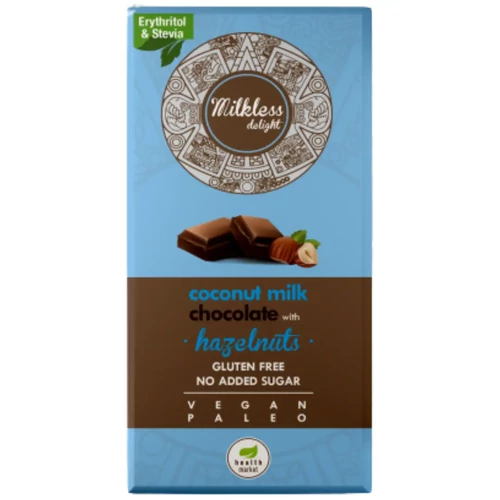 Health Market Milkless Delight kókusztejes csokoládé egész mogyoróval, 80 g-os tejmentes tábla, látható mogyorószemekkel