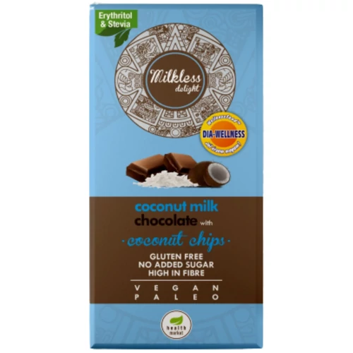 Dia-Wellness Health Market Milkless Delight kókusztejes csokoládé kókuszchipsszel, krémes tejmentes csokoládé tábla kókuszdarabokkal