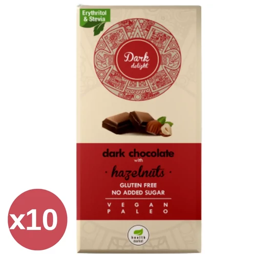 Health Market Dark Delight étcsokoládé egész mogyoróval, kemény állagú étcsokoládé tábla, látható egész mogyorószemekkel