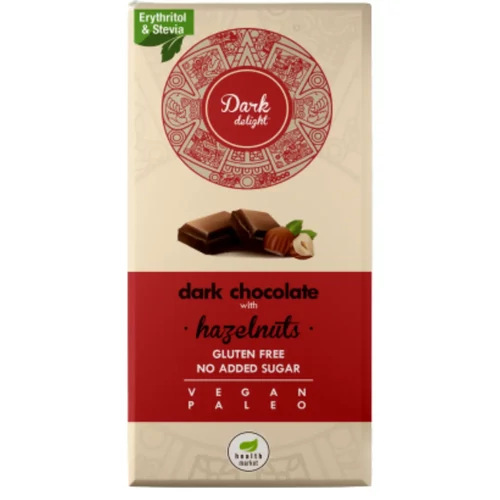 Health Market Dark Delight étcsokoládé egész mogyoróval 80 g – vegán, gluténmentes étcsokoládé roppanós mogyorószemekkel