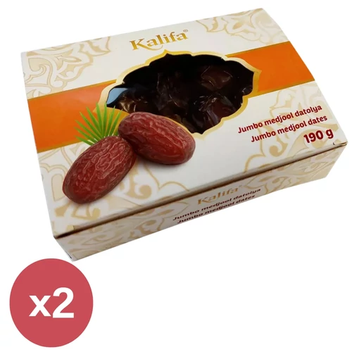 Kalifa Jumbo Medjool datolya DUO 2×190 g, nagy szemű, puha, természetes szárított datolya csomagolásban.