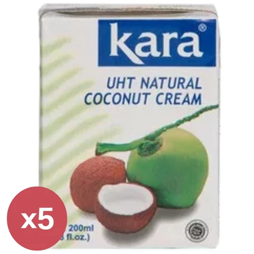 Kara UHT kókuszkrém 5×200 ml csomag, szumátrai kókuszból, magas zsírtartalmú, habosítható kókuszkrém főzéshez és desszertekhez.