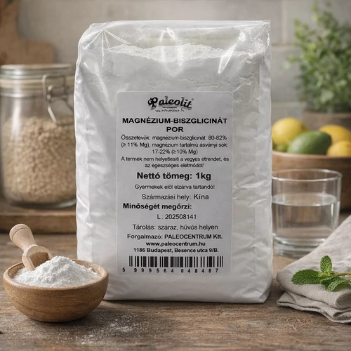 Paleolit Magnézium-biszglicinát por 1 kg kiszerelésben, fehér, finom szemcseméretű magnézium por állagú étrend-kiegészítő termékdobozban vagy tasakban