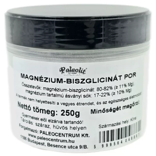 Paleolit Magnézium-biszglicinát por 250 g csomag, glicinhez kötött magnézium por étrend-kiegészítő vízben oldható formában