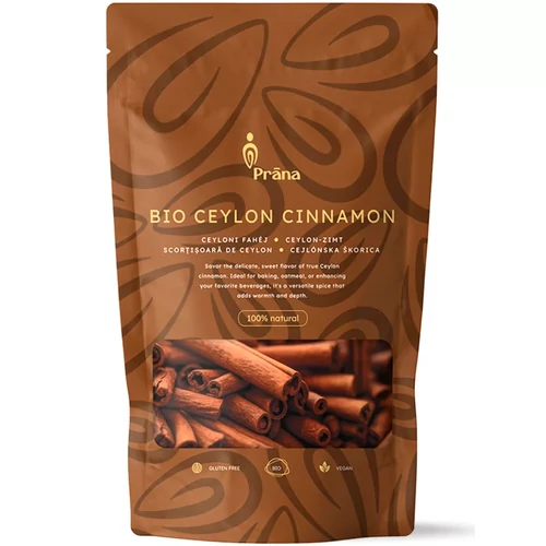 Prana bio Ceylon fahéj por 125 g kiszerelésben, finom őrlemény sütéshez, zabkásákhoz és forró italokhoz, mindennapi konyhai felhasználásra, könnyen adagolható formában.