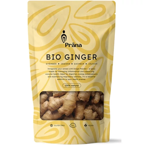 Prana bio gyömbér por 125 g kiszerelésben, finom őrlemény teák, turmixok és ételek ízesítéséhez, könnyen adagolható formában mindennapi felhasználásra.