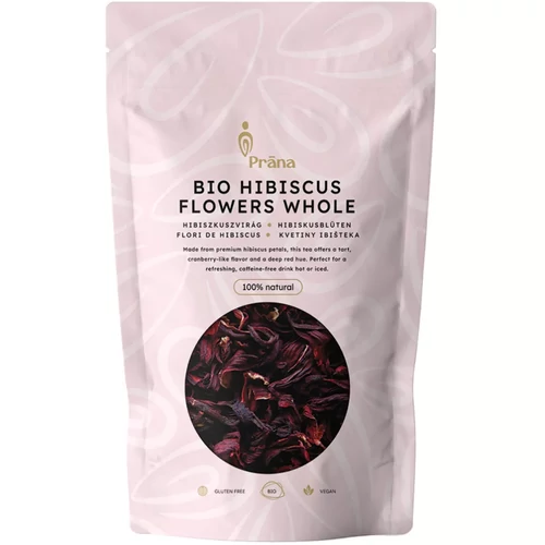 Prana bio hibiszkuszvirág tea 100 g kiszerelésben, szárított hibiszkusz szirom élénk piros színnel, forrázáshoz előkészítve.