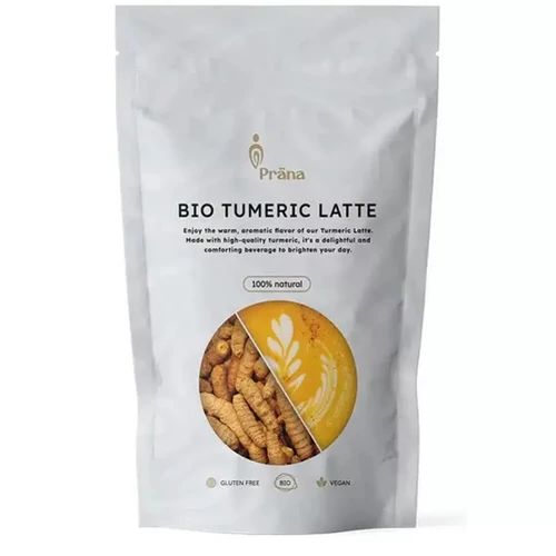 Prana bio Kurkuma Latte italpor 125 g, kurkumával, zabitalporral, fahéjjal és gyömbérrel készített por meleg ital gyors elkészítéséhez