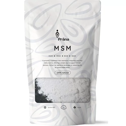 Prana MSM por 250 g kiszerelésben, finom szemcséjű, semleges ízű por vízhez vagy turmixhoz keverve, egyszerű napi felhasználásra alkalmas formában.