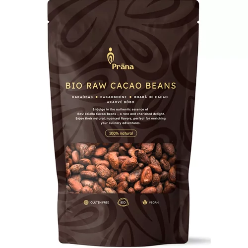 Prana bio nyers kakaóbab 125 g csomagban, természetes kakaóbab szemek snackhez, müzlihez és desszertek készítéséhez, sokoldalúan felhasználható alapanyag.