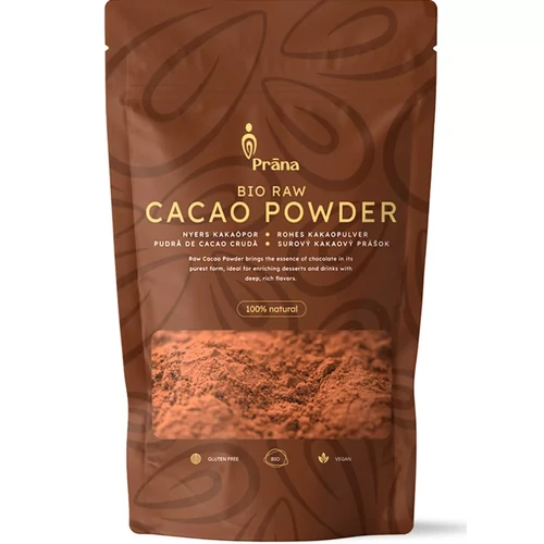 Prana bio nyers kakaópor 250 g, hidegen sajtolt, fermentálatlan kakaóbabból, sütéshez, italokhoz és desszertekhez könnyen használható por.