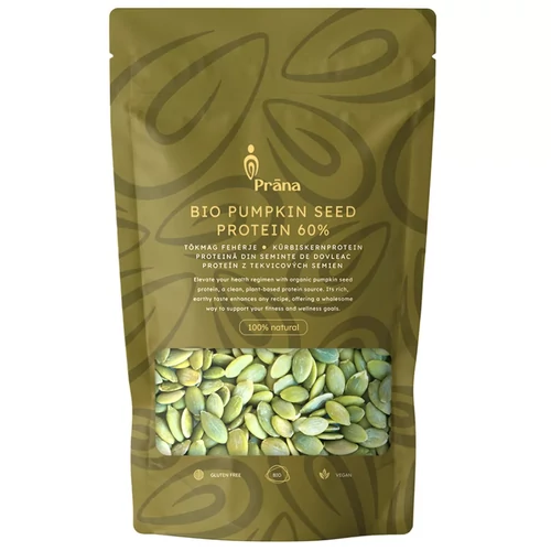 Prana bio tökmag fehérjepor 250 g csomagban, finomra őrölt zöldes növényi fehérjepor, konyhai felhasználásra előkészítve.