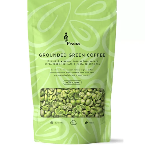 Prana őrölt zöld kávé koffeinnel 250 g kiszerelésben, pörköletlen kávébabból készült ital alapanyag otthoni elkészítéshez.
