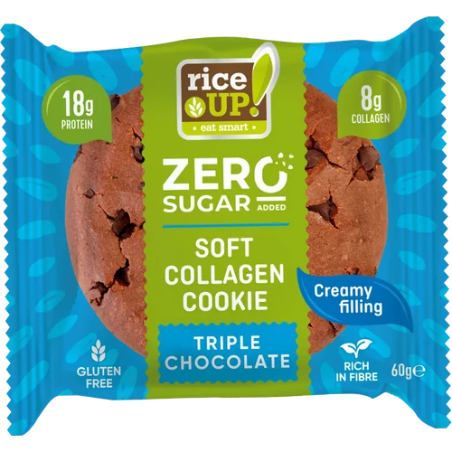 Rice Up Zero Cookies tripla csokoládé ízű kollagénes protein keksz 60 g, gluténmentes zab alapú fehérjedús snack csokoládés krémmel