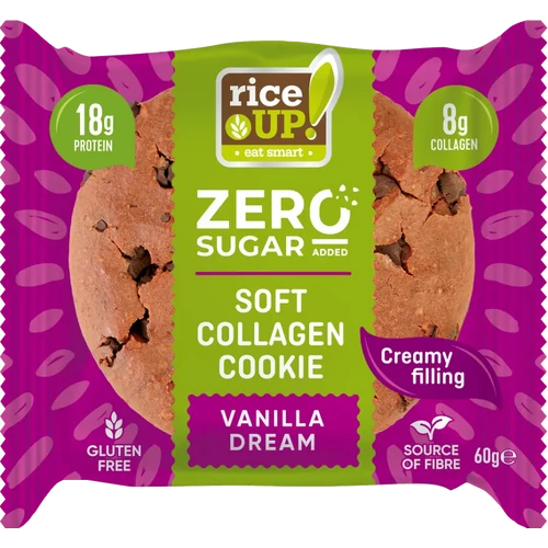 Rice Up Zero Cookies vanília ízű kollagénes protein keksz 60 g, gluténmentes zab alapú fehérjedús snack vaníliás krémmel