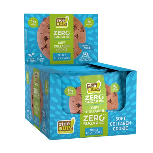 Rice Up Zero Cookies tripla csokoládé ízű kollagénes protein keksz kínáló 12x60 g, gluténmentes zab alapú fehérjedús snack csokoládés töltelékkel