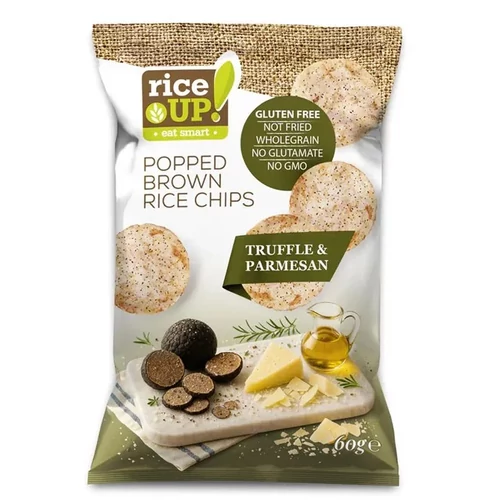 Rice Up! Chips Szarvasgombás-Parmezános 60 g – puffasztott barna rizs chips szarvasgomba parmezán ízesítéssel, gourmet snack