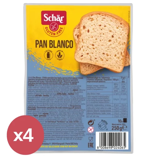 Schär Pan Blanco szeletelt gluténmentes fehérkenyér 4x250 g, kovászos, tej- és tojásmentes