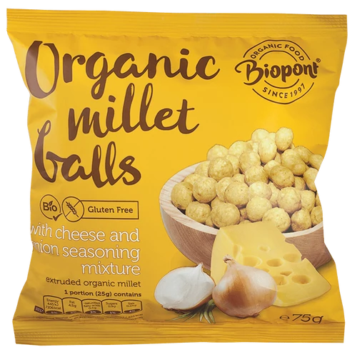 Biopont Extrudált kölesgolyó, sajtos-hagymás ízesítésű 75 g  –  Reform Nagyker