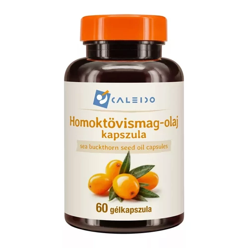 Caleido Homoktövismag-olaj gélkapszula 60 db doboz és bliszter, narancssárga lágyzselatin kapszulákkal.