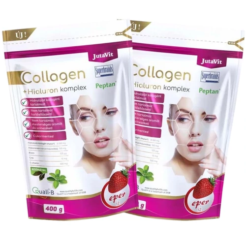 JutaVit Collagen+Hialuron Komplex Eper DUO 2x400 g, hidrolizált kollagén port és hialuronsavat tartalmazó étrend-kiegészítő.