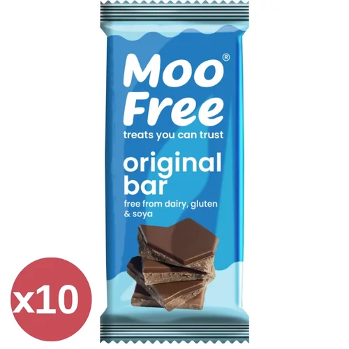 Moo Free Tejmentes csokoládé tábla kínáló doboz, benne 10×80 g vegán, tejmentes csokitablettel, színes, újrahasznosított csomagolással.