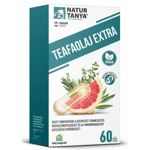 Natur Tanya® Teafaolaj Extra 60 db doboz és Vcaps® növényi mikrokapszulák, teafaolajjal és 4 további növényi kivonattal.