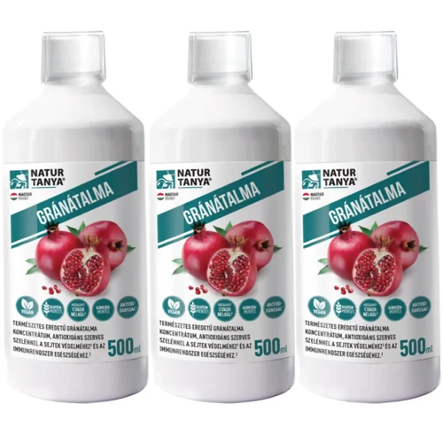 Natur Tanya 100% gránátalma koncentrátum TRIO csomag 3x500 ml üvegben, gránátalma gyümölcslé koncentrátum szerves szelénnel étrend-kiegészítőként