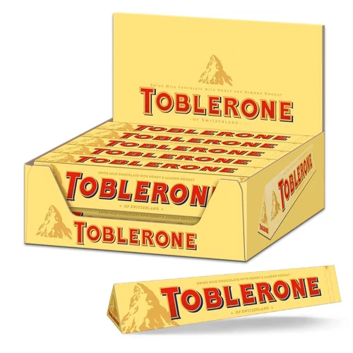 Toblerone tejcsokoládé kínáló csomag, 20 db × 100 g, svájci csokoládé háromszögű rudak