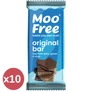 Moo Free Tejmentes csokoládé tábla kínáló doboz, benne 10×80 g vegán, tejmentes csokitablettel, színes, újrahasznosított csomagolással.